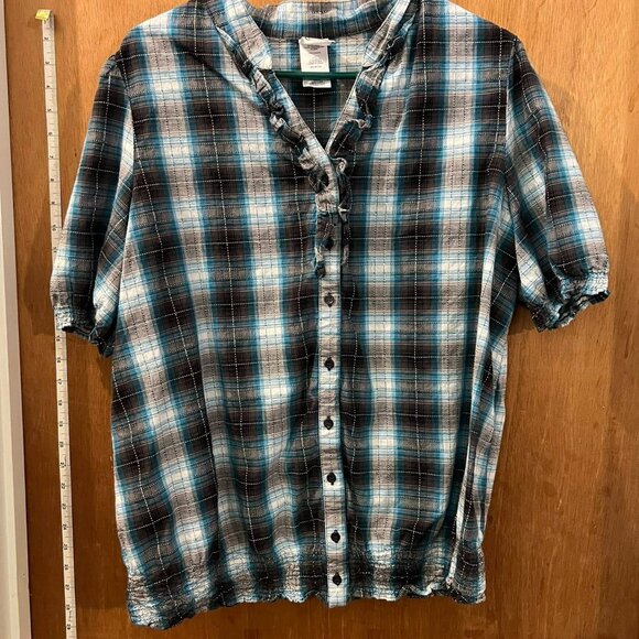 Size 1X - JMS - Short Sleeve Blue and Black Plaid Button-Down Blouse - Picture 1 of 8